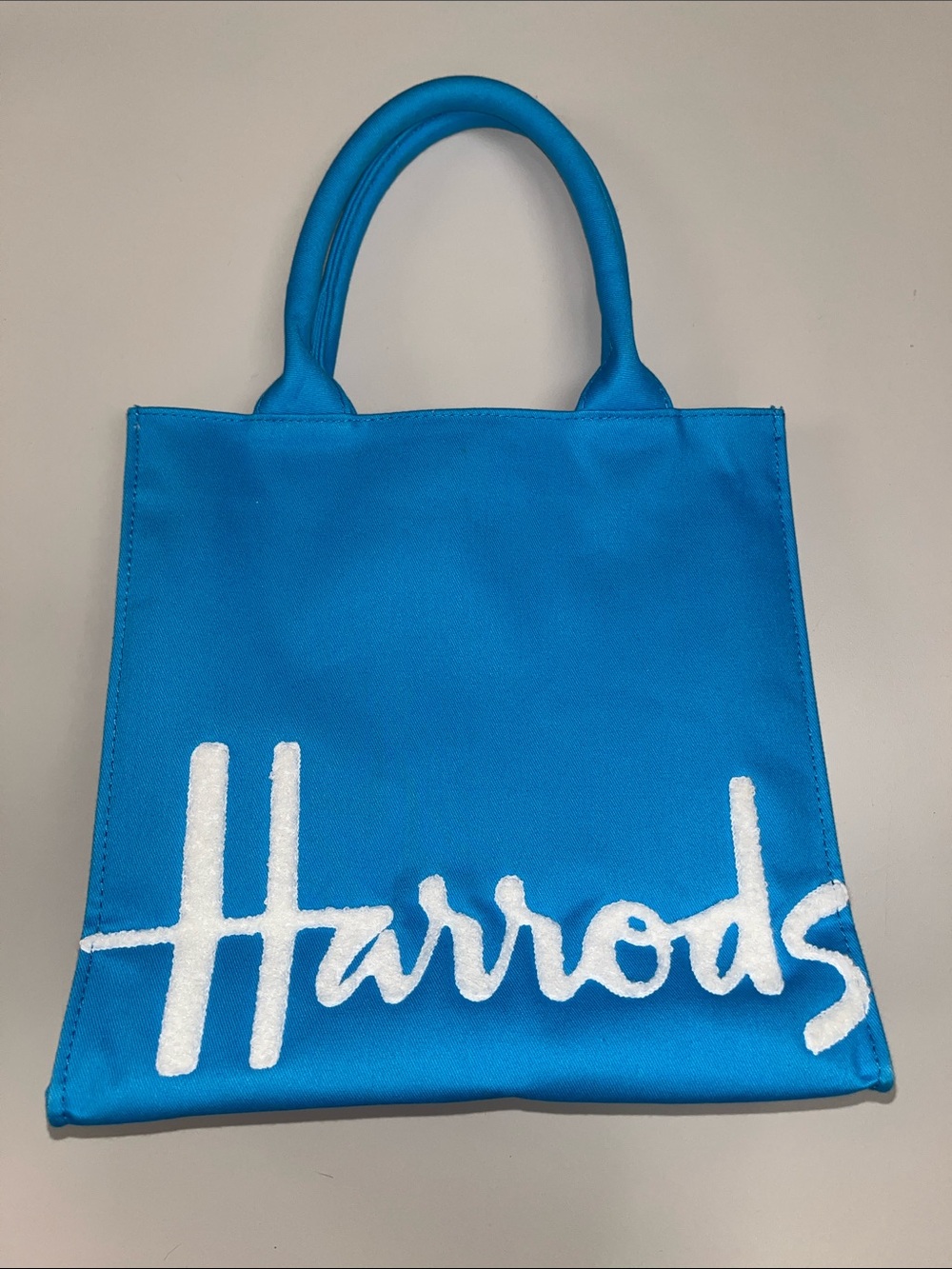Harrods Turquoise Blue Tote with White Script Logo